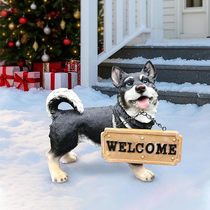 Outdoor Husky Dog Statue with Interchangeable Welcome Sign and Detachable Solar Lantern –LED Light Garden Dog Sculpture Décor, Cute Puppy Design for Yard, Porch, Gift