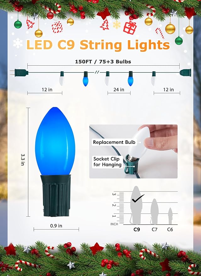 Vintage C9 LED Christmas Lights Outdoor, 150 Feet C9 String Light with 75 Shatterproof C9 Bulbs, Waterproof | Lumora