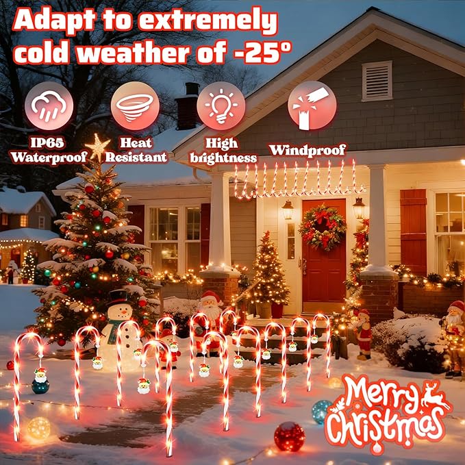 Solar Christmas Decorations Outdoor: 12 Pack 8 Blinking Models Waterproof Red Candy Cane Lights - 21" Santa Claus | Lumora