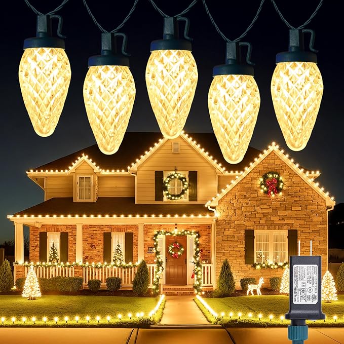 Minetom 100 LED C9 LED Christmas Lights Outdoor, 81FT Lighted Length Plug-in Waterproof C9 String Lights with Timer & Memory Function, 8 Modes, Connectable, for Tree Home Yard Party Indoor, Warm White