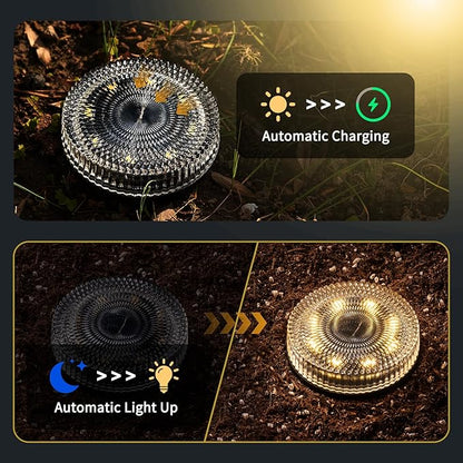 Glass Solar Ground Lights with Crystal Style, Modular-Design Waterproof In-Ground Light for Patio Pathway Lawn Yard Deck Walkway, Decorative Disk Lighting for Garden Bed, Warm White (2 Pack)