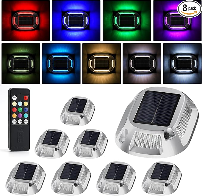 VOLISUN Solar Driveway Lights with Remote 8 Pack, 9 Colors in 1 Led IP67 Waterproof Outdoor Warning Dock Deck Lights for Driveway Sidewalk Pathway Step RGB (9colors, 8pack)