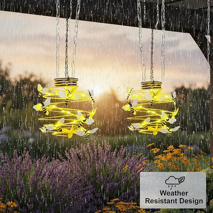 2 Pack Bee Solar Lights Outdoor Garden Decor,Bee Decorations Hanging Solar Lantern,Hanging Garden Decor for Outside Patio Yard Porch Pathway,Outdoor Gifts for Women