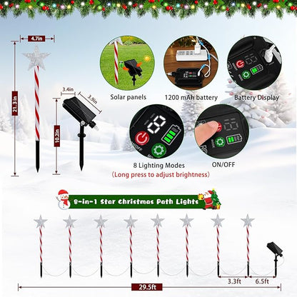 Outdoor Christmas Decorations Lights, 8 Pack RGB Solar Candy Star Path Lights with 8 Modes, Solar Christmas Lights Outdoor Waterproof, LED Xmas Outside Lights for Garden Path Yard Decor (Star)