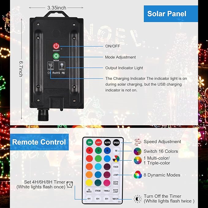 XEWEA Solar String Lights Outdoor, 16Colors 66LED 39Ft Waterproof Outdoor String Lights with 20Modes Remote for Garden Home Party Christmas Halloween Decorations
