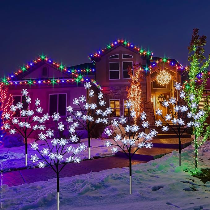4-Pack 80LEDs Solar Christmas Snowflake Stake Lights, 8 Modes Solar Snowflake Christmas Decorations Outdoor Lights, Waterproof Outdoor Xmas Decorations for Garden Yard Pathway Walkway