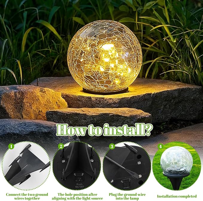 2 Pack Solar Path Lights Outdoor, Cracked Glass Globe with Light Control, IP67 Waterproof Solar Garden Lights, Warm Yellow & 4-Color LED Ball Lights for Yard, Patio, Lawn & Holiday Decor