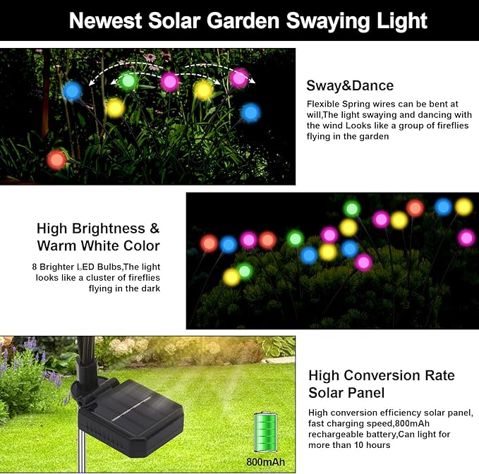 Swaying Solar Lights for Outside, 8 Mode RGB Color Changing Firefly Outdoor Waterproof, Swaying Solar Garden Lights | Lumora