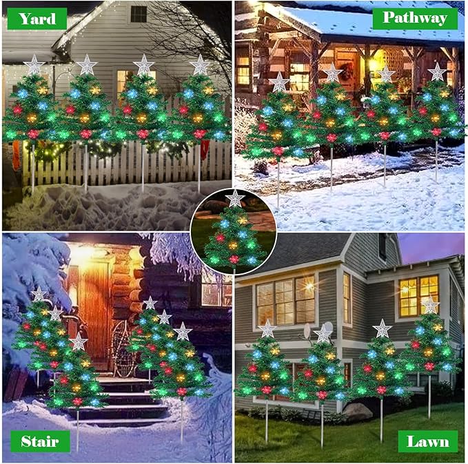 Christmas Decorations Outdoor 4 Sets Solar Christmas Tree with 80pcs Multi-Color C6 Snowflake Led Lights 8 Lighting Modes Waterproof Pathway Lights for Outside House Garden Yard