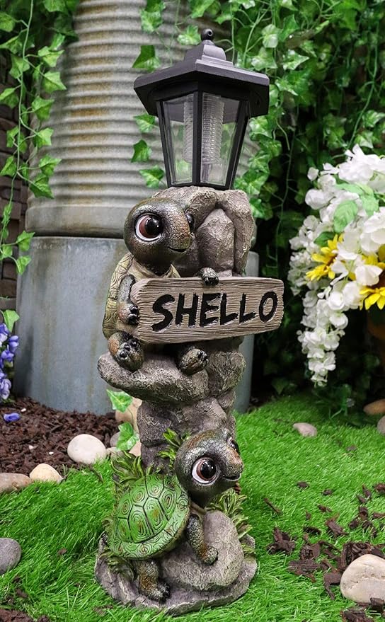 Ebros Gift Whimsical 2 Baby Tortoise Turtles Holding Shello Greeting Sign On Rock Outpost Solar LED Courtesy Path Light Garden Statue Home Decorative Patio Figurine