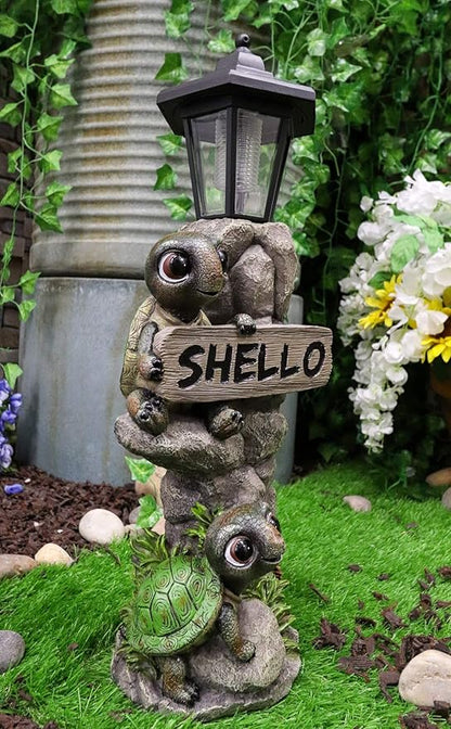 Ebros Gift Whimsical 2 Baby Tortoise Turtles Holding Shello Greeting Sign On Rock Outpost Solar LED Courtesy Path Light Garden Statue Home Decorative Patio Figurine