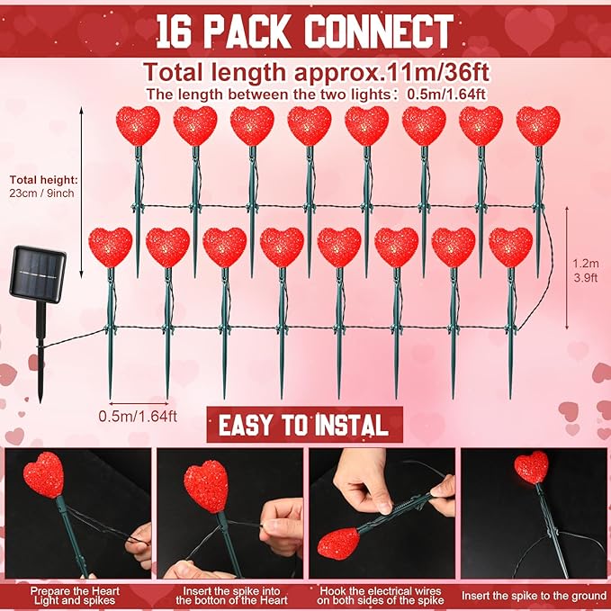 Valentine's Day 36ft Solar Stake Lights with 16 LED Lighted Heart Light Outdoor Waterproof Decorations with 3 Modes for Walkway Lawn Patio