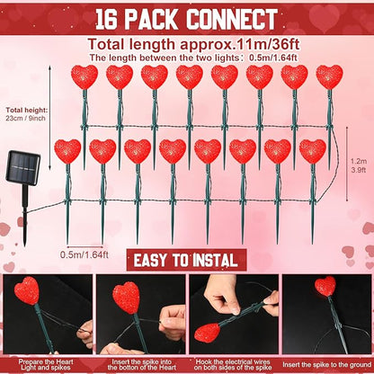Valentine's Day 36ft Solar Stake Lights with 16 LED Lighted Heart Light Outdoor Waterproof Decorations with 3 Modes for Walkway Lawn Patio