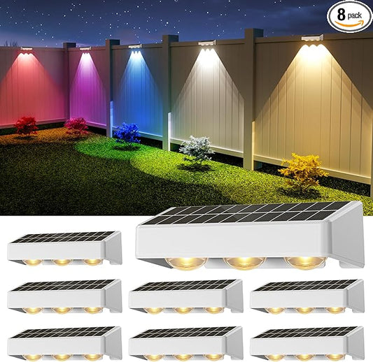 NIORSUN Solar Fence Lights,8 Pack Solars Deck Light,RGB Color,Outdoor Bulb Waterproof Led IP65,Power Patio Lamp with Lenses for Outside/Backyard/Railing/Yard(White)