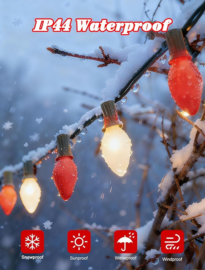 C7 Red/White Incandescent Christmas Lights, 25Ft Valentine's Day Lights with 27 Red/White C7 Ceramic Bulbs,for | Lumora