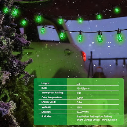 LED Outdoor String Lights, 50FT Patio Lights with 16Pcs Shatterproof S14 Bulb(1 Spare),4 Lighting Mode, Connectable, Waterproof Green Edison Plastic Bulb Hanging Light for Yard Gazebo Porch Décor
