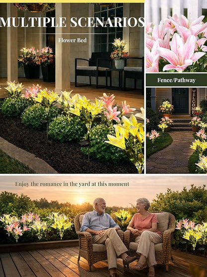 GIGALUMI Solar Garden Lights, LED Lily Garden Decor Carefree Solar Flowers Outdoor Waterproof, Yard Decorations Outdoor, Allergy-Free, Everlasting Light up Flowers for Yard Patio Garden (Set of 4)
