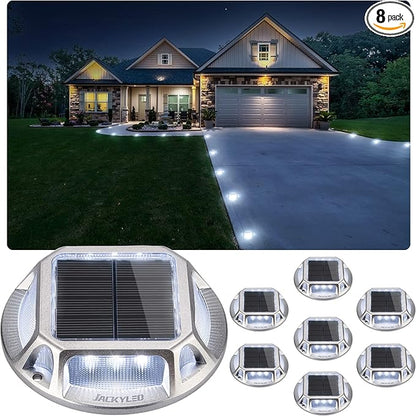 JACKYLED Solar Dock Lights Marine Driveway Lights, IP68 Waterproof 12 LED Solar Powered Warning Step Lights, Aluminum Road Marker for Boat Deck Garage Parking Lot Sideway (8 Pack)