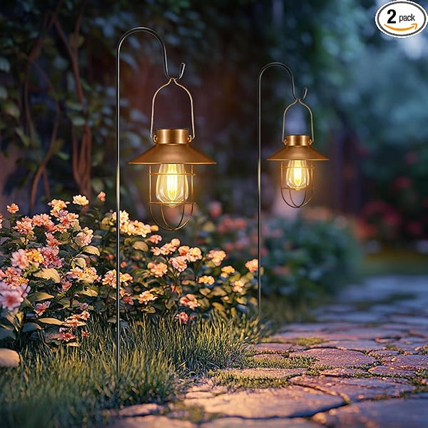 pearlstar 2 Pack Solar Lights Outdoor, Hanging Solar Lanterns with Edison Bulb and 2 x 32 Inch Shepherd Hooks | Lumora