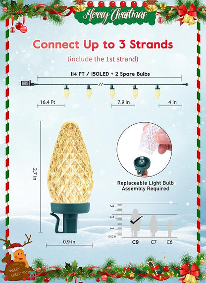 C9 Christmas Lights Outdoor, 114 Feet 150 LED C9 String Lights with Timer & 8 Light Modes, Waterproof Commercial Grade Connectable Christmas Tree Lights for Indoor Outside Roofline Patio, Warm White