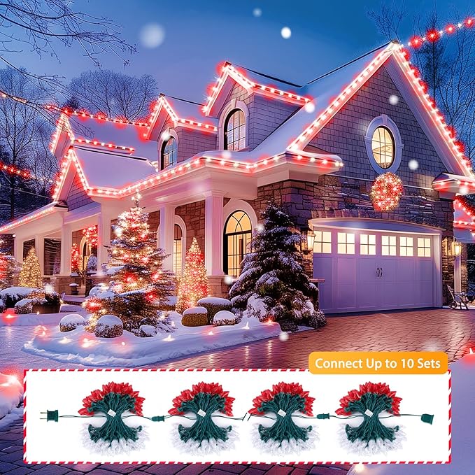 Brightown C9 LED Christmas String Lights, 2 Pack Total 132ft 200LED Outdoor Lights String, Plug-in Connectable Waterproof Roofline Lights String for Outside Yard Christmas Holiday Decor, Red and White