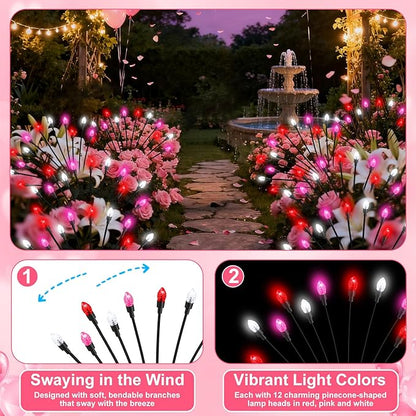 4 Pcs St Patricks Day Outdoor Decorations Solar Lights Waterproof Green 48 LED Swaying Pathway Firefly Stake Lights for Outside Yard Garden Lawn Decorations(Pink White,Pine Cone)