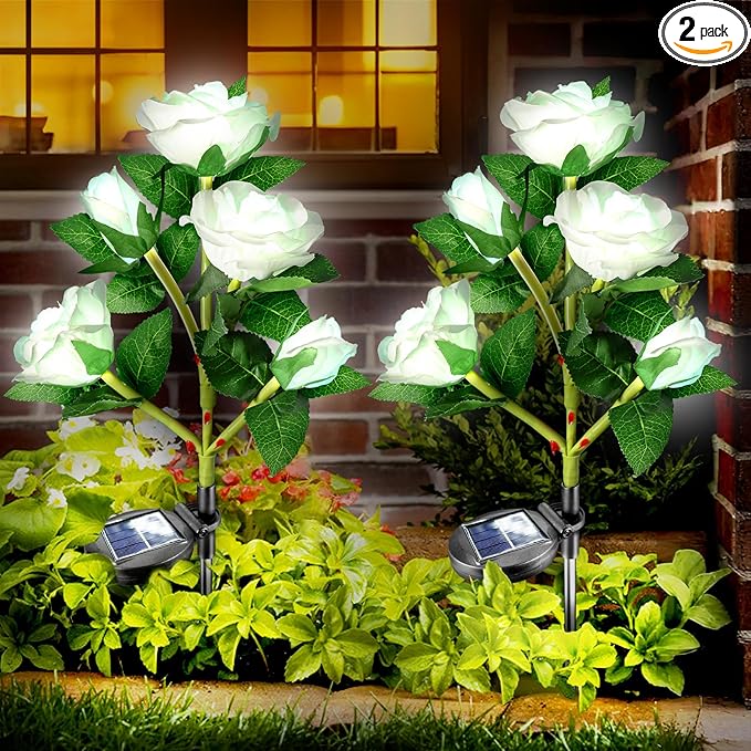 Anordsem Solar Garden Lights Outdoor: 10 Waterproof Fabric Roses 2 Pack - White LED Flower Decorations for Yard Patio Path Cemetery Grave - Mother's Day Gifts for Her Women Mom Wife