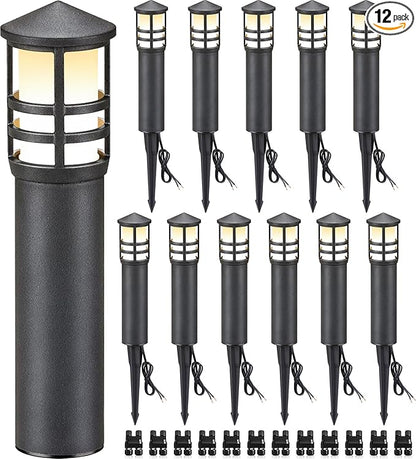 SUNVIE 12-Pack Low Voltage Landscape Pathway Lights 3W Outdoor Landscape Lighting 3000K 12-24V LED Bollard Path Lights Wired CRI 90+ Aluminum Pathway Lighting for Walkway Yard Garden, ETL Listed Cord