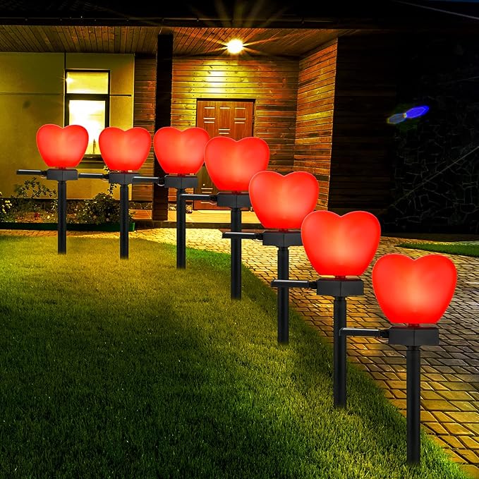 Hortsun 8 Pack Valentine's Day Solar Stake Lights Red Heart Waterproof LED Lights for Patio Lawn Outdoor Pathway Walkway Landscape Garden Decoration