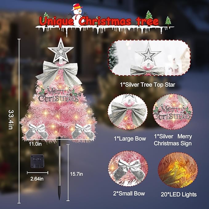 4 Pack Christmas Tree Solar Pathway Lights Outdoor Decorations, Waterproof Artificial Mini Xmas Tree Stake Lights with DIY Ornamets for Garden Yard Porch Decor (Pink Tree)