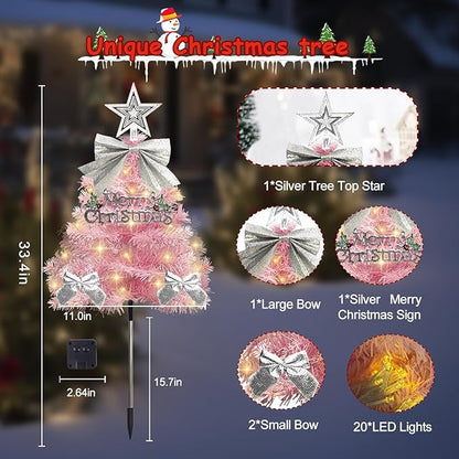4 Pack Christmas Tree Solar Pathway Lights Outdoor Decorations, Waterproof Artificial Mini Xmas Tree Stake Lights with DIY Ornamets for Garden Yard Porch Decor (Pink Tree)