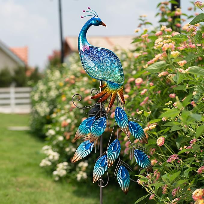 TERESA'S COLLECTIONS Garden Decor Blue Peacock with Solar Outdoor Lights, 40" Glass Yard Art for Outside | Lumora