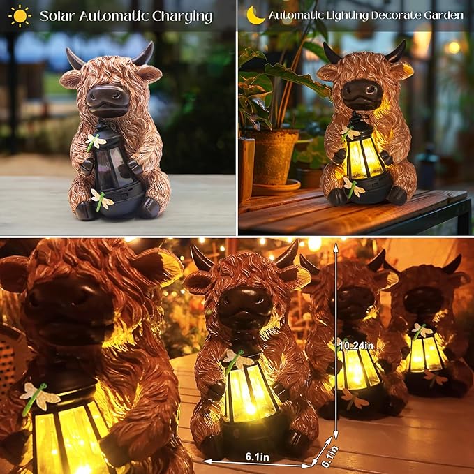 DKJOCKY Highland Cow Garden Decor Statue with Solar Light Lantern, Birthday Gifts for Women Mom Grandma, Funny Waterproof Resin Figurine Outdoor Decorations for Yard Patio Lawn Balcony Porch