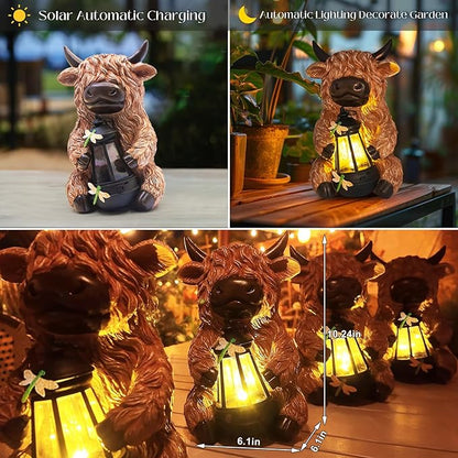 DKJOCKY Highland Cow Garden Decor Statue with Solar Light Lantern, Birthday Gifts for Women Mom Grandma, Funny Waterproof Resin Figurine Outdoor Decorations for Yard Patio Lawn Balcony Porch