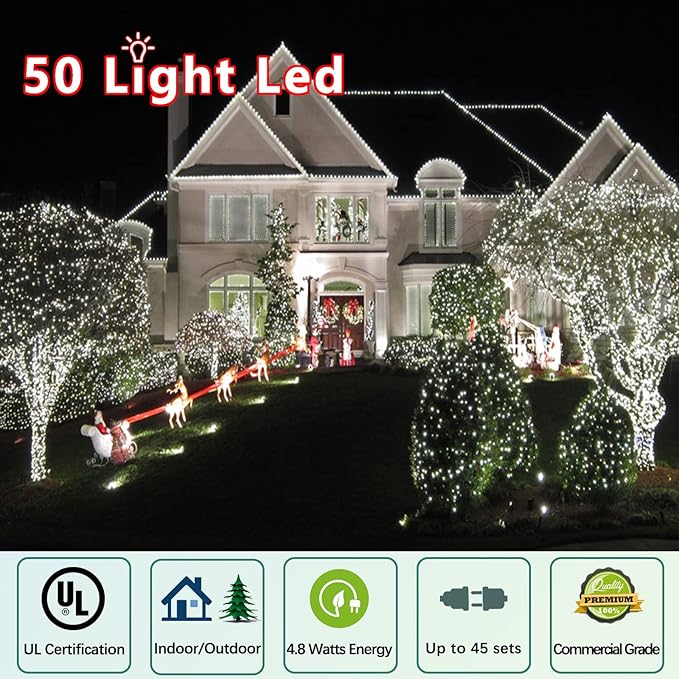 25ft 50 Counts Cool White LED Christmas Lights - Commercial Grade White Christmas Lights Outdoor Waterproof, LED String Lights Indoor 5mm Wide Angle Green Wire, Xmas Tree Lights, IP:65, UL