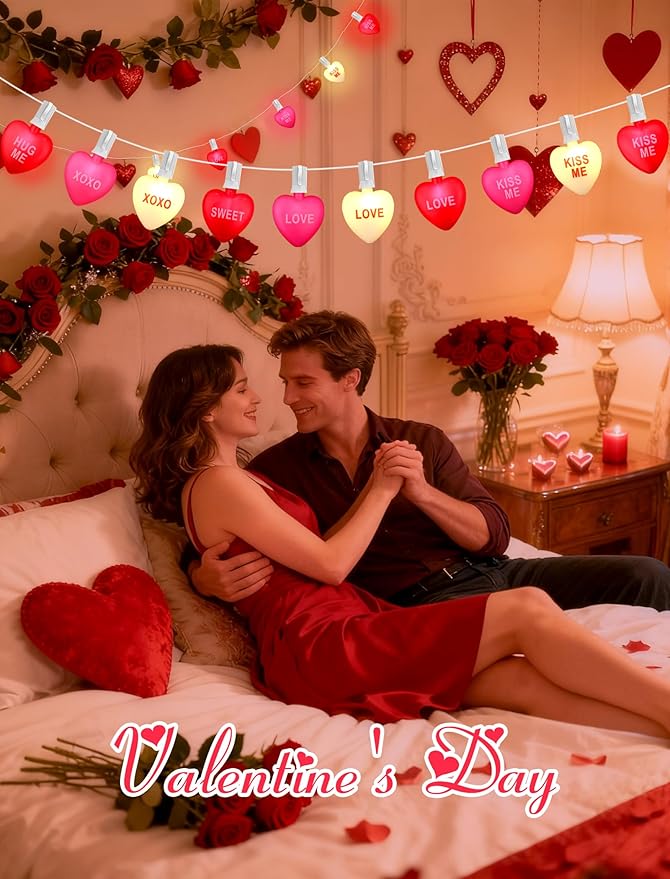 10.5ft Connectable Valentine's Day Lights - Tricolor Red, Pink & White Candy Hearts with Text - Plug-In Waterproof | Lumora