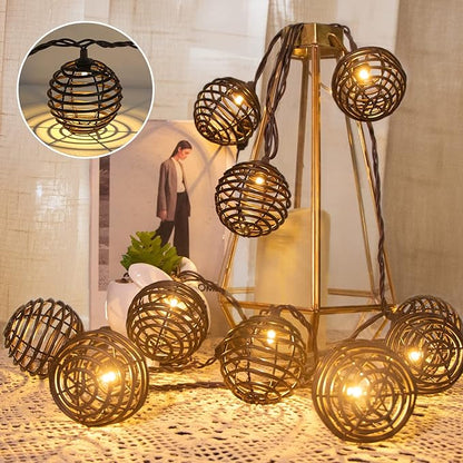 Vigdur Rattan Ball String Lights, Brown Plug in Decorative Lights with 10 Rattan Bulbs, Connectable Patio String Lights for Home, Garden, Backyard & Cottagecore Decor(9.84FT)