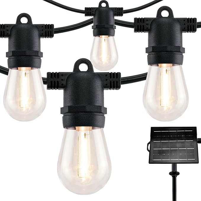 YULETIME 35 Feet 18 LED Solar Powered Patio String Lights, E26 Base with S14 Bulb Dimmable Weatherproof Backyard Light Bistro Lights (18 Lights - Solar Powered)