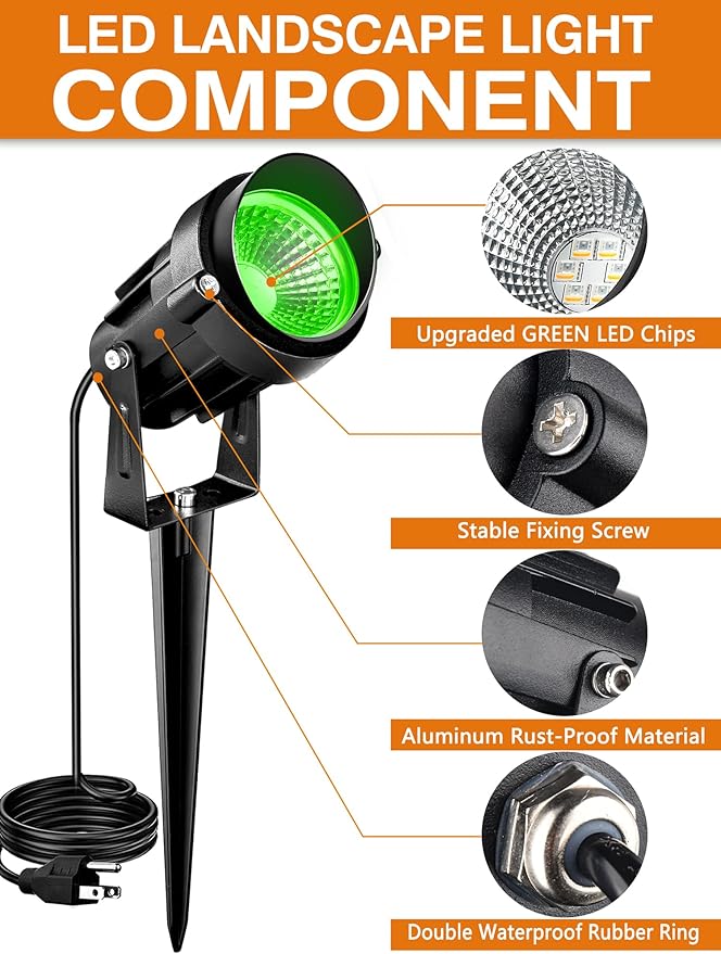Christmas Green LED Spot Lights Landscape Lights Outdoor, 110v Plug in Landscape Lighting with IP66 Waterproof | Lumora