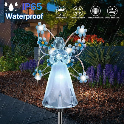 Solar Garden Lights, Solar Angel Garden Stake Lights Outdoor Waterproof, Angel Solar Lights Outdoor Garden Decor, LED Angel Decorative Lights for Cemetery Grave Yard, Memorial Sympathy Gift (Blue)
