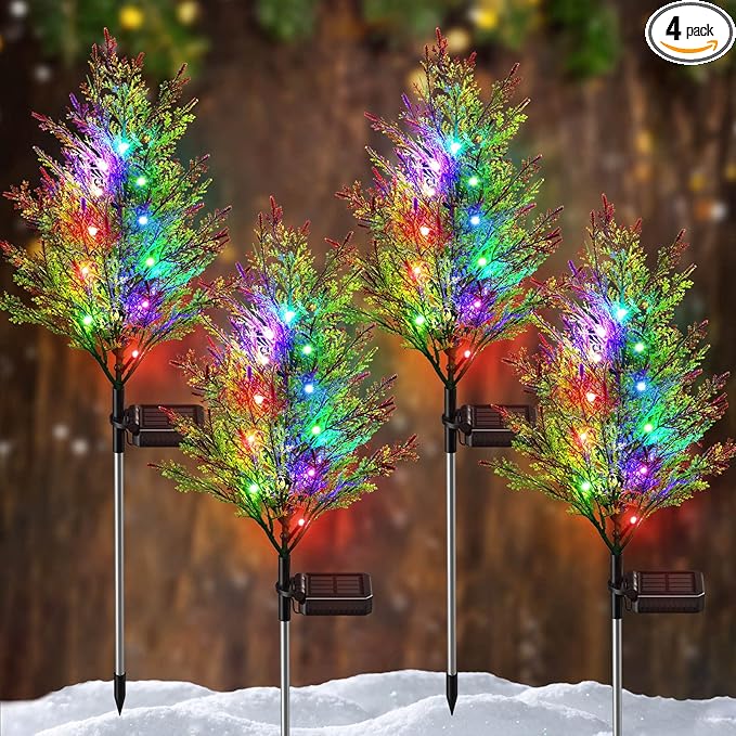 Solar Christmas Decorations Outdoor, 4 Pack Solar Garden Tree Lights with 2 Modes and 12 Lamp Beads, Multi-Color Waterproof Holiday Lights for Yard, Lawn and Pathway Decorations
