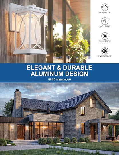 White Outdoor Sconce Dusk to Dawn Exterior Light Fixtures Wall Mount Porch Light Modern Outdoor Wall Light Aluminum with Crack-Like Glass IP65 Waterproof Outside Coach Light for House