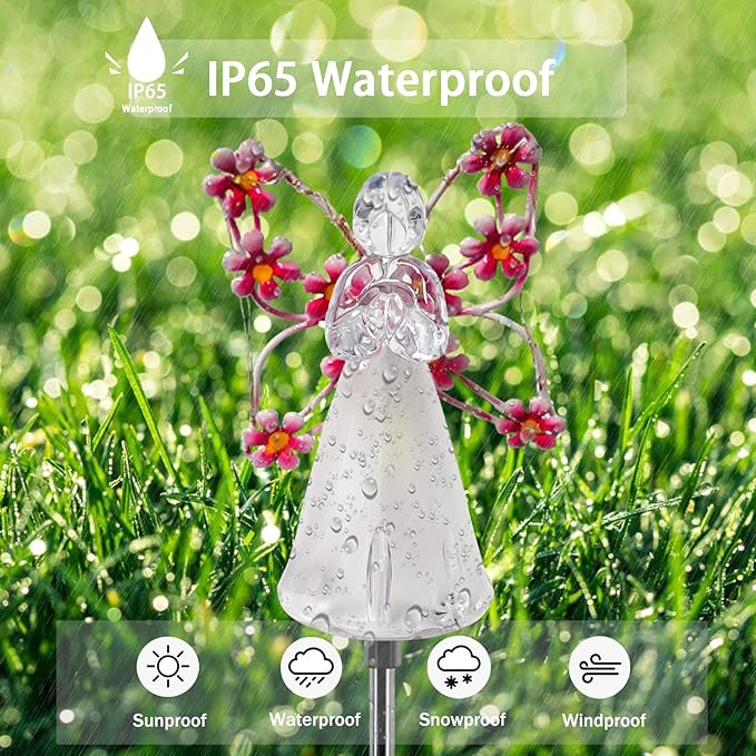 Solar Garden Lights, LED Angel Solar Landscape Decorative Lights, Outdoor Waterproof Solar Garden Stake Lights, Solar Pathway Lights for Patio Yard Lawn Grave Cemetery, Memorial Sympathy Gift (Pink)