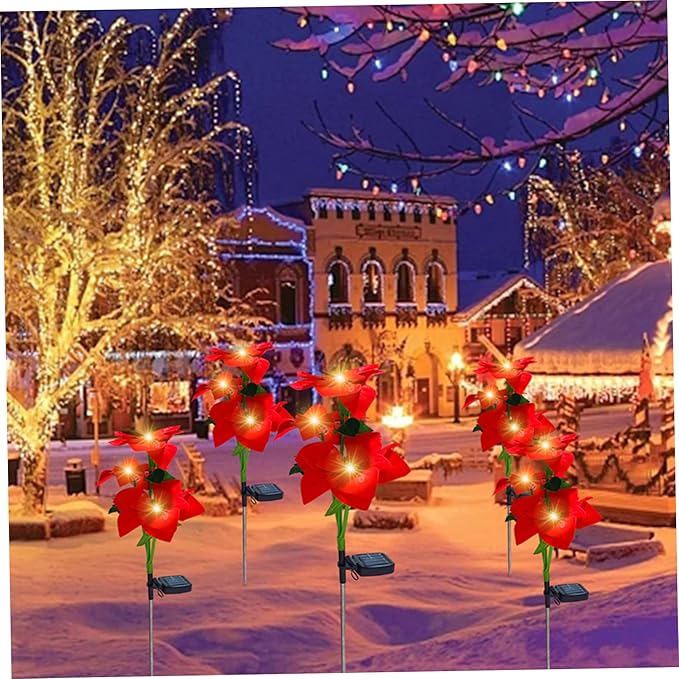 4PCS Solar Flower Lights Waterproof Solar Poinsettias Artificial Christmas Flowers Light with Stake for Pathway Yard Garden Patio Lawn Outdoor