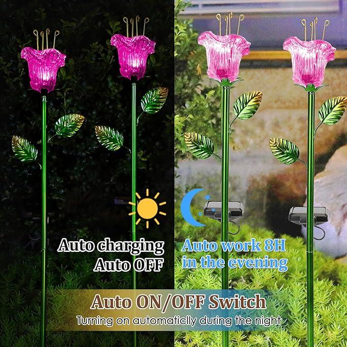Outdoor Decorative Flowers 2 Pack, Waterproof Pink Glass Lily Flower Lights, Auto ON/Off Solar Decorative Lights for Garden, Patio, Backyard