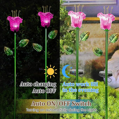 Outdoor Decorative Flowers 2 Pack, Waterproof Pink Glass Lily Flower Lights, Auto ON/Off Solar Decorative Lights for Garden, Patio, Backyard
