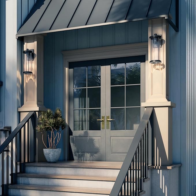 Kichler Barras 20.25" 1-Light Outdoor DarkSky Approved Wall Sconce with Clear Ribbed Glass in Black, Vertical | Lumora