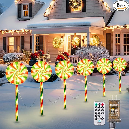 Brightown 6 Pack Lollipop Christmas Pathway Lights Outdoor - 27IN 120 LED Candy Cane Pathway Lights with 8 Lighting Modes, Waterproof Christmas Light Outdoor Decoration for Lawn Walkway, Warm White