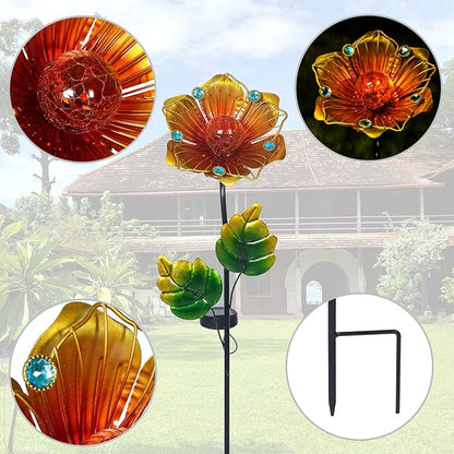 Adeco Flower Solar Lights Outdoor Garden Decor 35 inch Metal Garden Stake Lights with Crackle Globe Glass and Large Solar Panel Waterproof for Ground Patio Lawn Courtyard Flowerbed