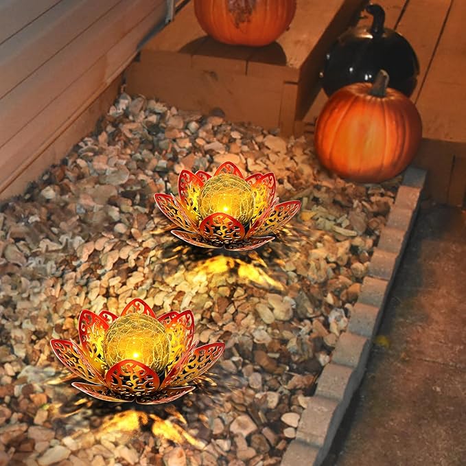 2 Pack Solar Lights Outdoor Garden 6.3 " Glass Lotus Lamp Waterproof LED Metal Flower Lights Outdoor Garden Table Decor for Outside Balcony, Patio, Deck, Porch, Walkway